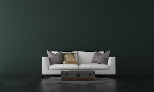 Interior design moderno del soggiorno e struttura della parete verde scuro