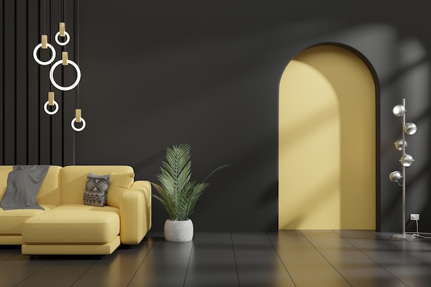 Interior design moderno del soggiorno scuro con il rendering 3d del divano giallo