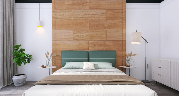 Interior design moderno della camera da letto con la lampada da terra dello sfondo di legno delle tende del comodino del comodino