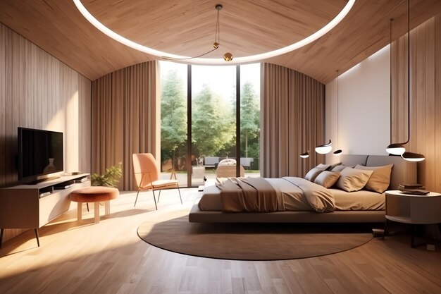 Interior design moderno della camera da letto in appartamento o casa con mobili Camera da letto scandinava di lusso