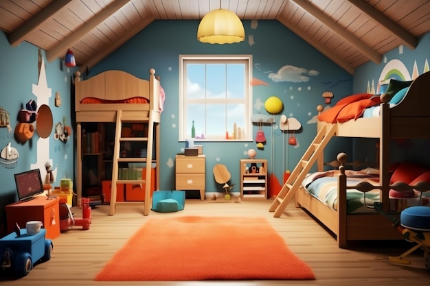Interior design moderno della camera da letto per bambini in casa con decorazione per bambini Colorata camera da letto per bambini