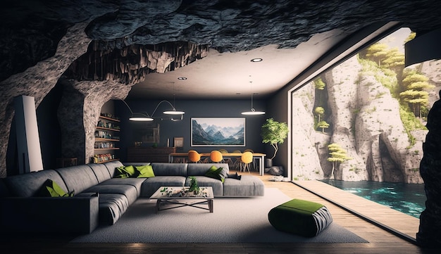 Interior design moderno della casa della caverna Immagine generata AI