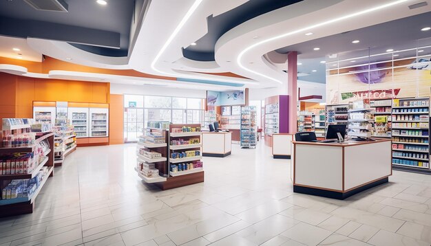 Interior design moderno della farmacia Servizio fotografico della farmacia Concetto futuristico