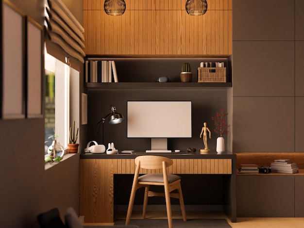 Interior design moderno della postazione di lavoro domestica con mockup di computer PC mobili integrato su tavolo di legno