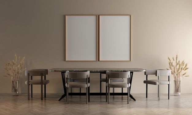 Interior design moderno della sala da pranzo con decorazioni e mobili vuoti mock up e fondo beige della parete, rendering 3D, illustrazione 3D