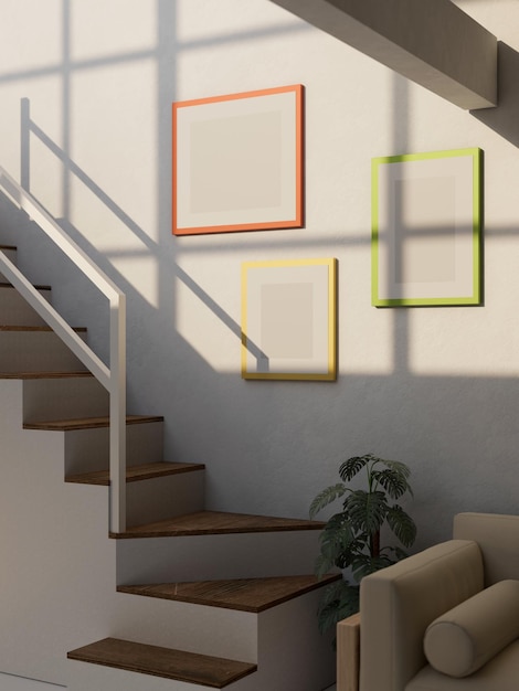 Interior design moderno e contemporaneo delle scale domestiche con cornici mockup sul muro bianco