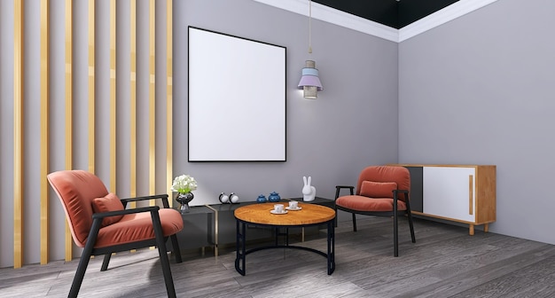 Interior design moderno e minimale del soggiorno con mockup di cornice per poster in bianco