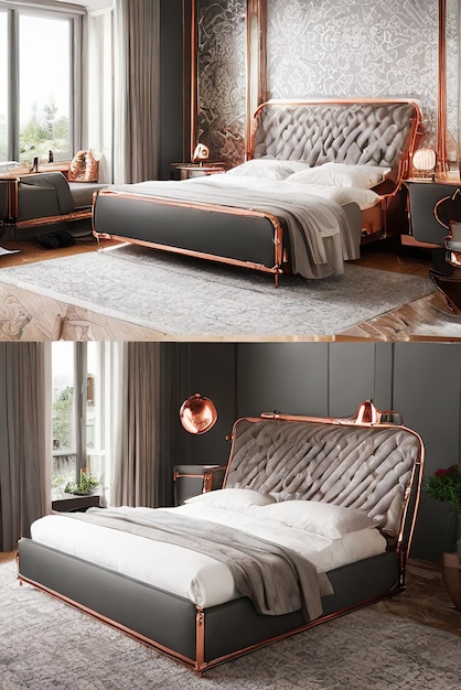 Interior design moderno ed elegante per la camera dei genitori che misura con un letto per due persone Aigenerated