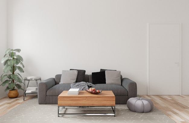 Interior design moderno soggiorno. divano grigio sul muro bianco.