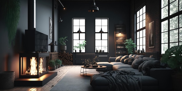 Interior design nero del soggiorno di lusso con camino