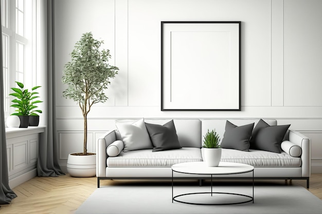 Interior design per la casa con divano e tavolo con cornici bianche