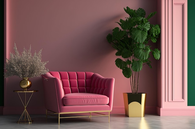 Interior design per un soggiorno o una reception con una parete rosa intenso, una poltrona, una pianta e un pavimento piastrellato sullo sfondo