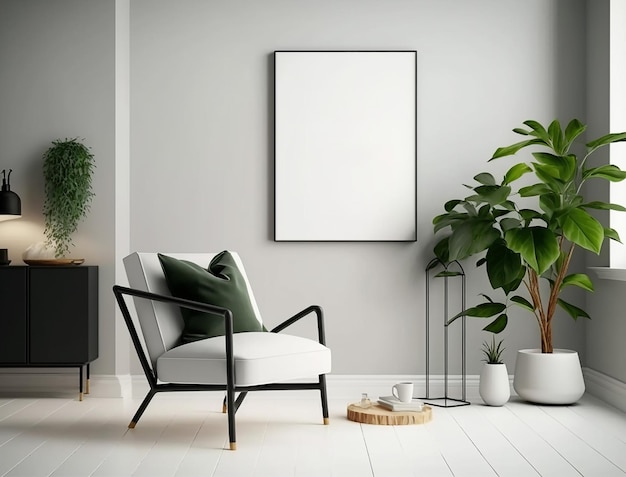 Interior design scandinavo minimalista con piccolo mockup di poster vuoto creato con intelligenza artificiale generativa