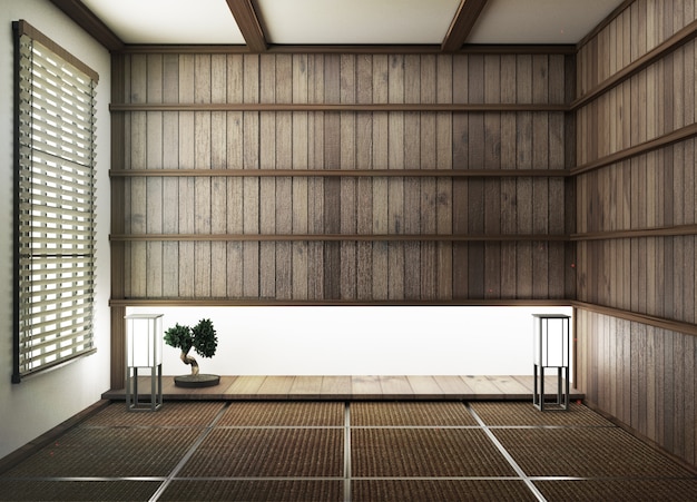 interior design, soggiorno moderno con pavimento in tatami e parete in legno stile giapponese