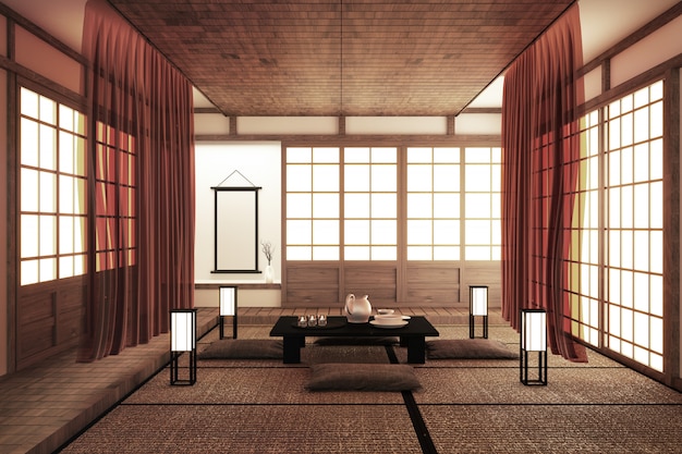 interior design, soggiorno moderno con tavolo, tatami in stile giapponese. Rendering 3D