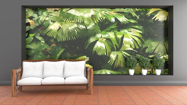 Interior design tropicale, decorazione in stile naturale sul fondo del muro di foresta. Rendering 3D