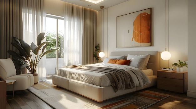Interior design una camera da letto elegante in stile arte contemporanea di alta qualità