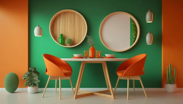 Interior dining design con tavolo rotondo in legno e sedie Generative Ai