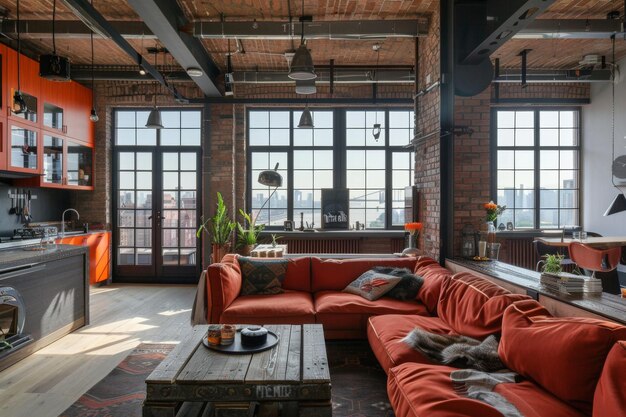 Interior loft in stile industriale e salotto moderno