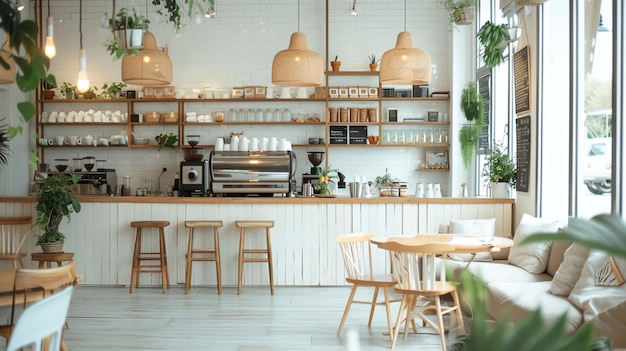 Interiore accogliente di una caffetteria in stile scandinavo con piante