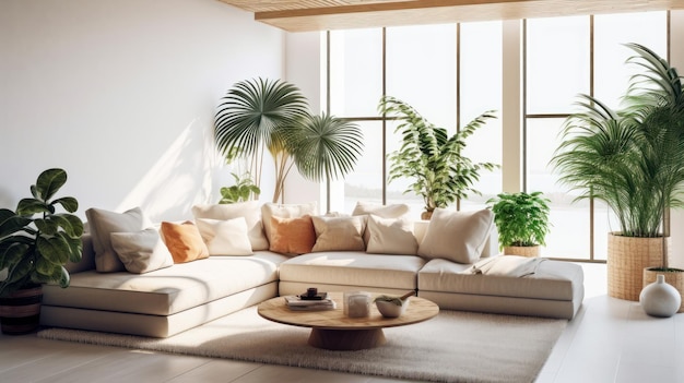 Interiore accogliente in stile boho in colori naturali comodo divano d'angolo con cuscini molte piante d'appartamento tappeto di tavolo da caffè in legno su pavimento in legno decorazione della casa rendering 3D