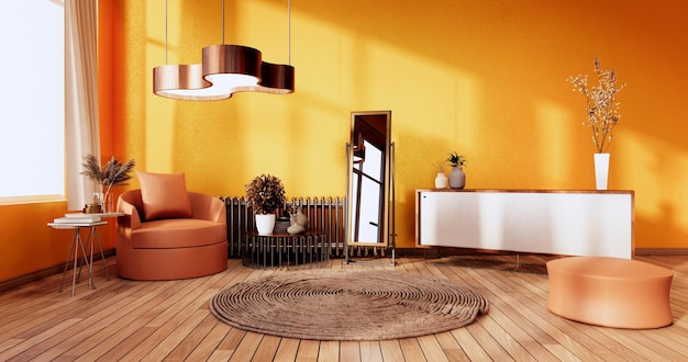 Interiore arancio del salone sul fondo di Orangewall. Rendering 3D