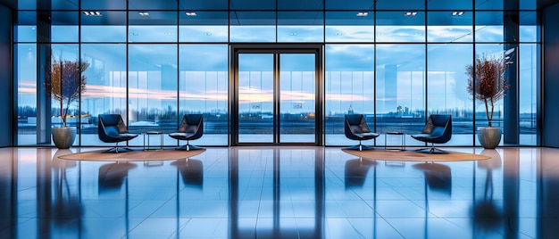 Interiore aziendale moderno con spazioso ufficio e sala riunioni Design elegante e comodo spazio di lavoro Ambiente professionale e contemporaneo