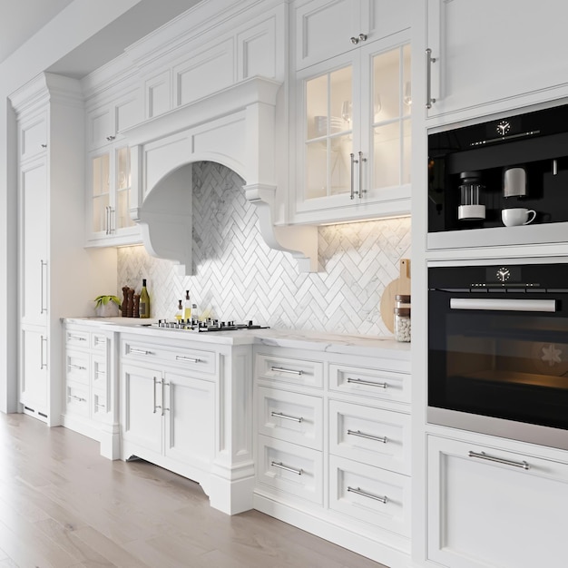Interiore bianco classico della cucina della rappresentazione 3d