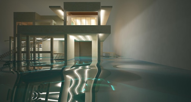 Interiore concreto architettonico astratto di una casa minimalista che sta nell'acqua 3D