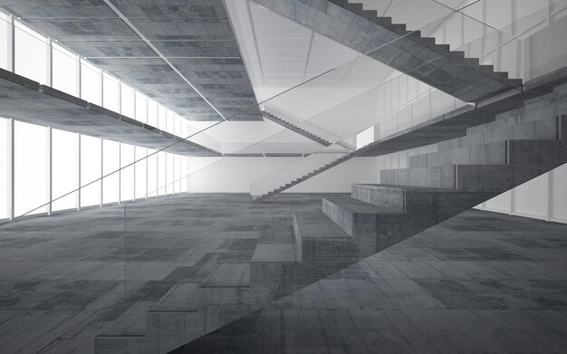 Interiore concreto architettonico astratto di una casa minimalista. Illustrazione e rendering 3D.