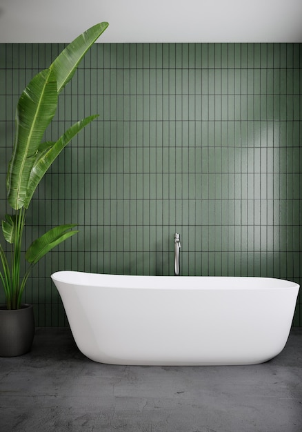 Interiore del bagno dal design moderno con vasca bianca sulla parete verde