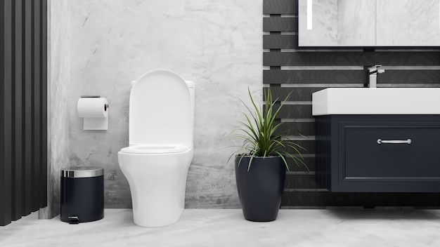 Interiore del bagno di eleganza moderna con lavabo in ceramica a tazza nel pavimento in marmo e parete a soppalco