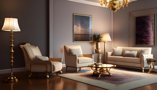Interiore del salone dell'appartamento ammobiliato accogliente divano divano pavimenti in legno IA generativa