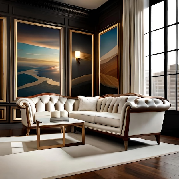 Interiore del salone di lusso con divano bianco e tavolo