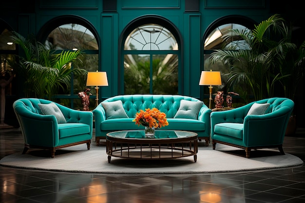 Interiore del salone di lusso con divano blu e piante verdi generative ai