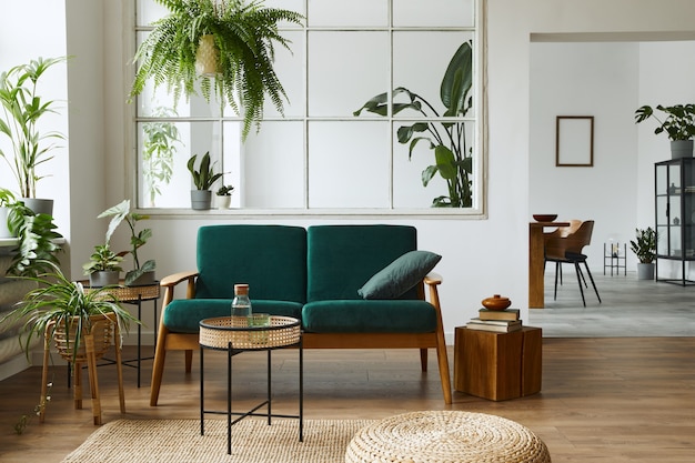 Interiore del salone scandinavo elegante con divano in velluto verde, tavolino da caffè, moquette, piante, mobili, accessori eleganti nell'arredamento della casa moderna.