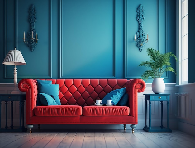 Interiore del soggiorno di eleganza rilassata con divano blu e accenti luminosi
