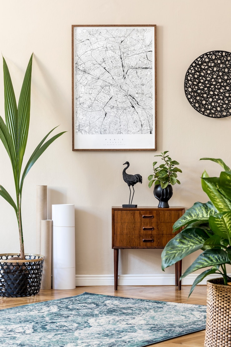 Foto interiore del soggiorno scandinavo moderno con cornice poster marrone, design retrò comò, decorazioni in rattan, moquette, piante, mappe e accessori eleganti. . home staging elegante. giapponedi.