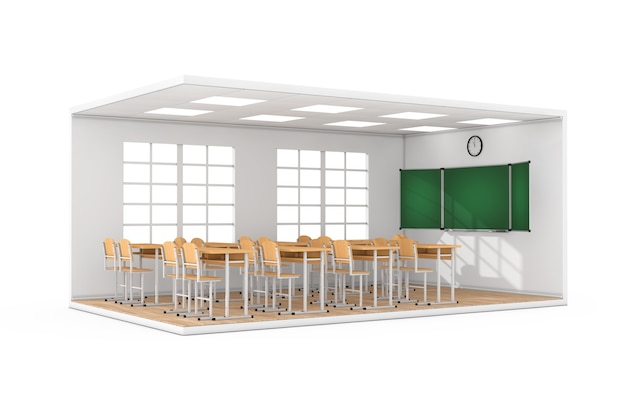 Interiore dell'aula della scuola con grande finestra, banchi di scuola, sedie, lavagna e pavimento in parquet su sfondo bianco. Rendering 3D