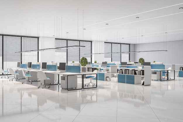 Interiore dell'ufficio in cemento coworking contemporaneo con attrezzature per mobili con vista sulla città e finestra e altri oggetti Rendering 3D