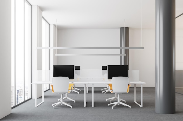 Interiore dell'ufficio open space moderno bianco con pavimento in cemento, scrivanie per computer e grandi finestre. Un rendering 3d vista frontale mock up
