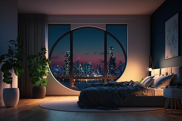 Interiore della camera da letto in appartamento moderno con vista sulla città Ai