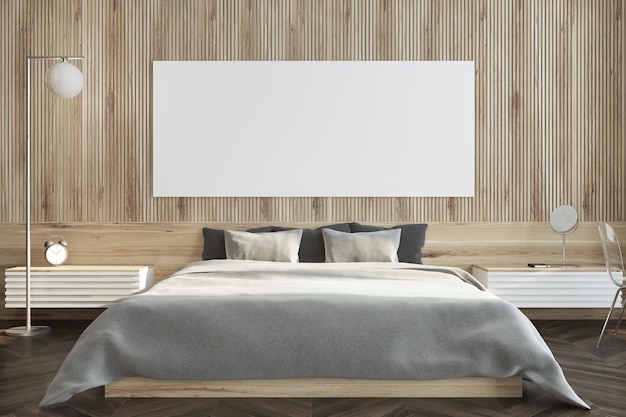 Interiore della camera da letto in legno scuro con un letto grigio, due comodini e un lungo poster orizzontale appeso sopra il letto. Rendering 3d mock up