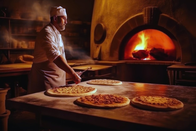 Interiore della cucina del ristorante italiano con pizze fresche e ingredienti tradizionali cotti a legna in mattoni sul tavolo IA generativa