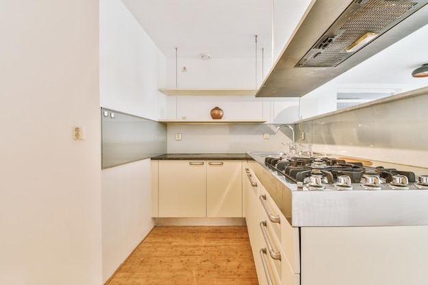 Interiore della cucina minimalista con decorazioni bianche ed elettrodomestici moderni in una casa accogliente