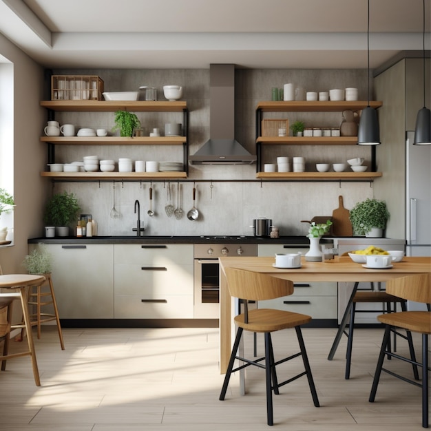 Interiore della cucina scandinava elegante moderna con accessori per la cucina.