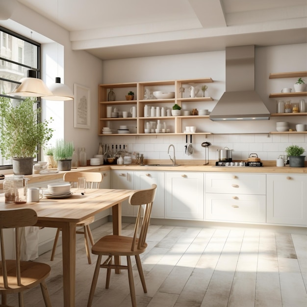 Interiore della cucina scandinava elegante moderna con accessori per la cucina.