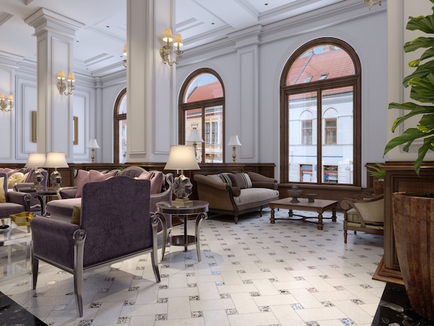 Interiore della hall dell'hotel in stile classico. rendering 3d