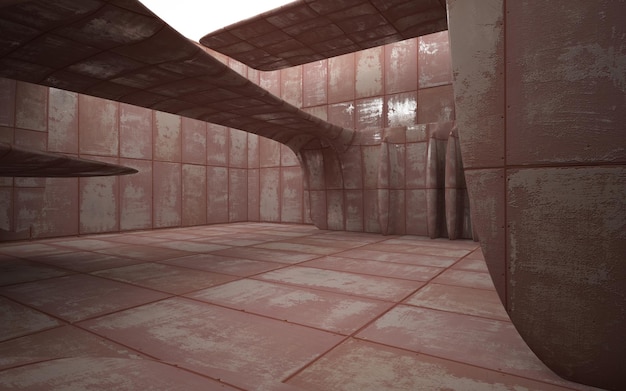 Interiore della stanza astratta liscia vuota di fogli di metallo arrugginito Sfondo architettonico Notte
