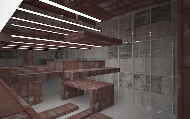 Interiore della stanza astratta liscia vuota di fogli di metallo arrugginito Sfondo architettonico